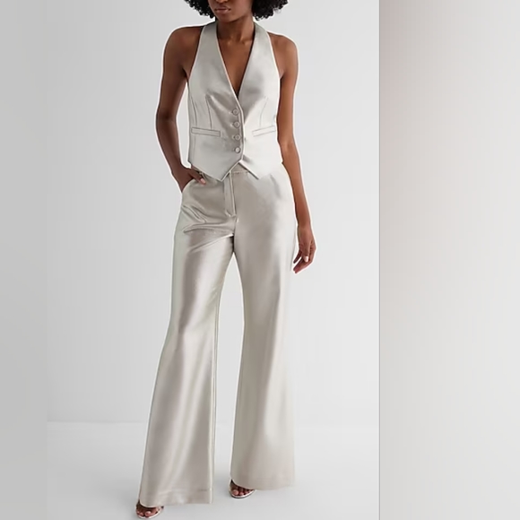 EXPRESS: Editor High Waisted Metallic Trouser Flare Pant - Picture 7 of 10